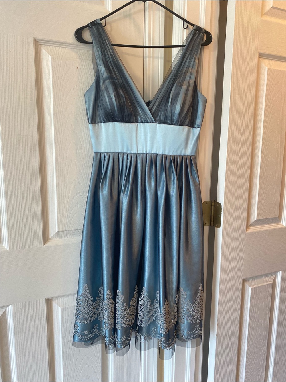 David's Bridal Blue Satin & Black Tulle Girls' Formal Dress - Picture 2 of 10